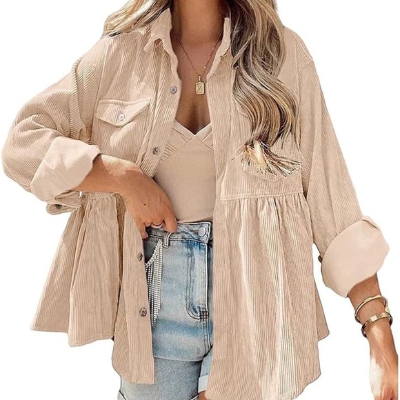Amazon Tops - Peplum Beige Corduroy Button-Up Shirt